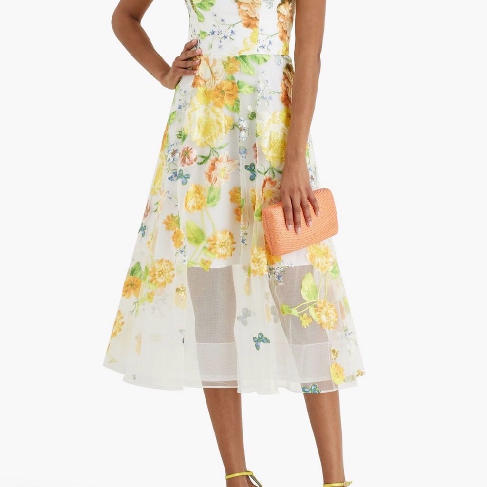 Spring Wedding Vibes! Floral White and Yellow A-Line Midi Dress